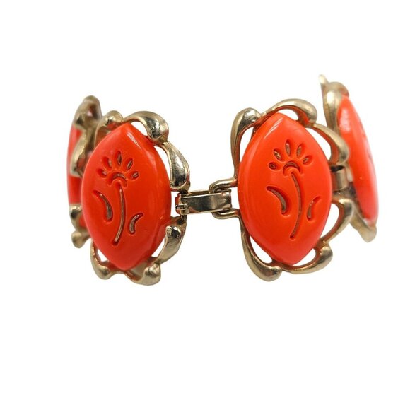 Orange Lucite Thermoset Flower Link Bangle Bracelet Gold Tone Vintage - Picture 3 of 8